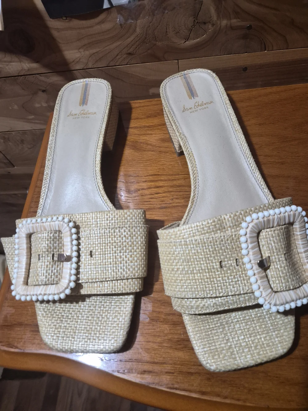 Sam Edelman Natural Raffia Slide Sandals with Beaded Buckle